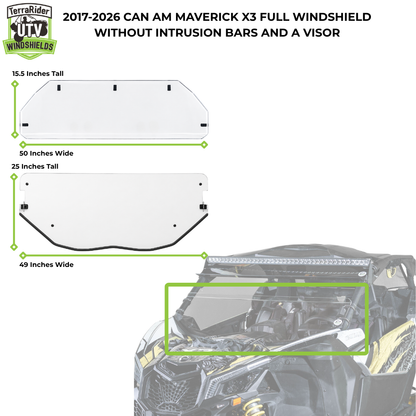 2017-2026 Can-Am Maverick X3 full windshield with visor dimensions, visor 15.5 by 50 inches, windshield 25 by 49 inches. gallery-2