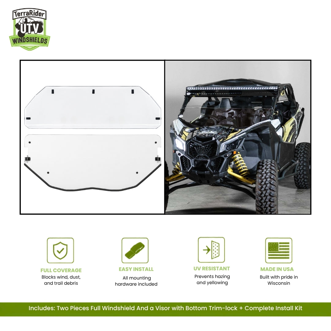Can-Am Maverick X3 two-piece full windshield with bottom trim-lock and sun visor, shown installed on a black and yellow X3. gallery-2