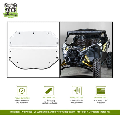 Can-Am Maverick X3 two-piece full windshield with bottom trim-lock and sun visor, shown installed on a black and yellow X3. gallery-2