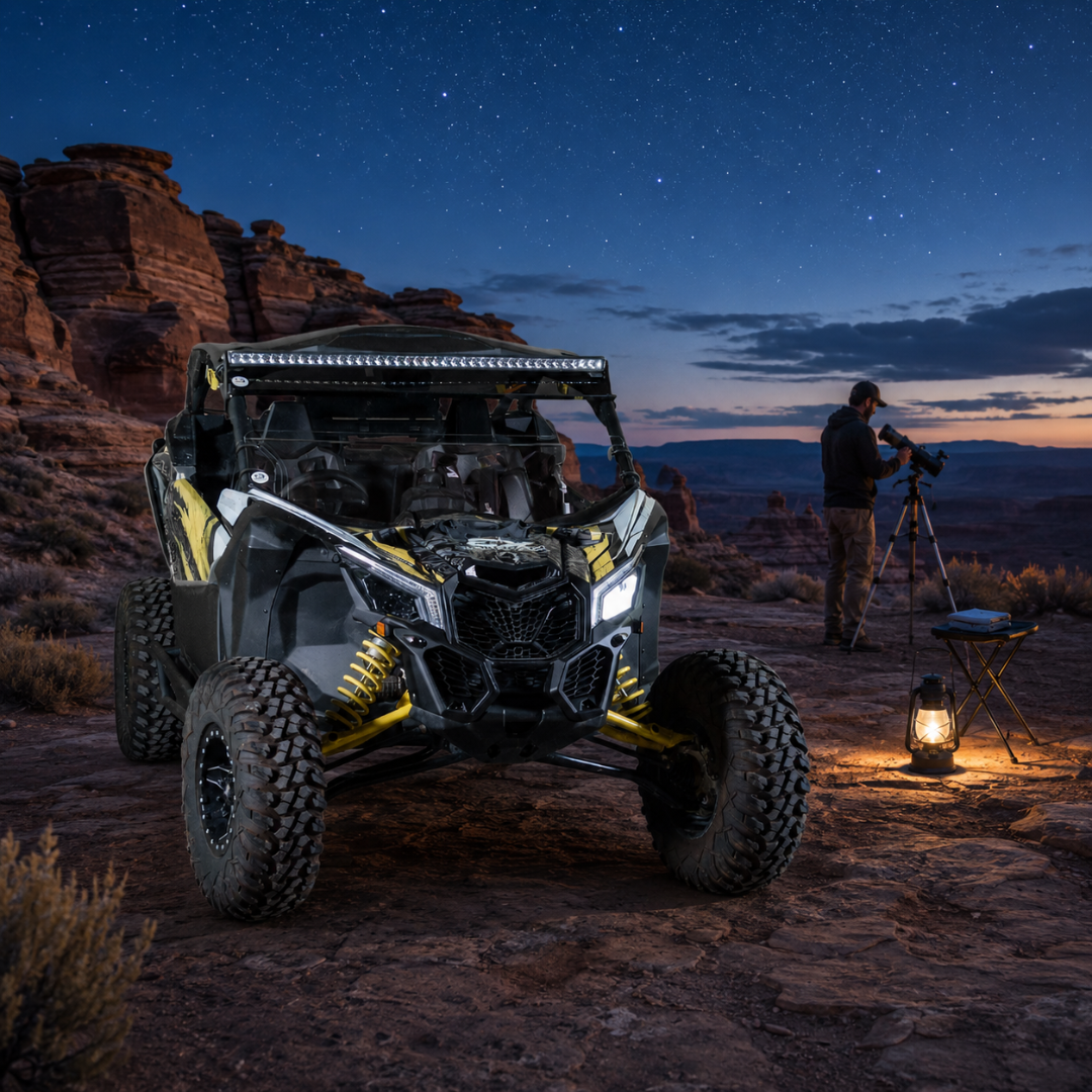 Black and yellow Maverick X3 with full windshield parked in red rock desert under a night sky. gallery-2