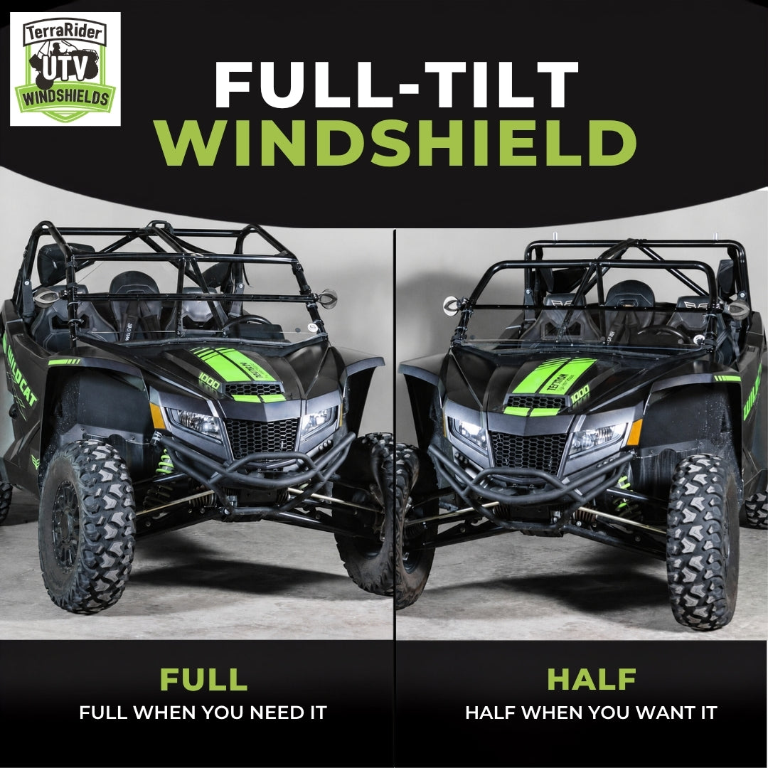Full-tilt windshield shown in full upright position and half tilted position on a black Arctic Cat Wildcat XX