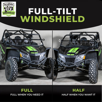 Full-tilt windshield shown in full upright position and half tilted position on a black Arctic Cat Wildcat XX