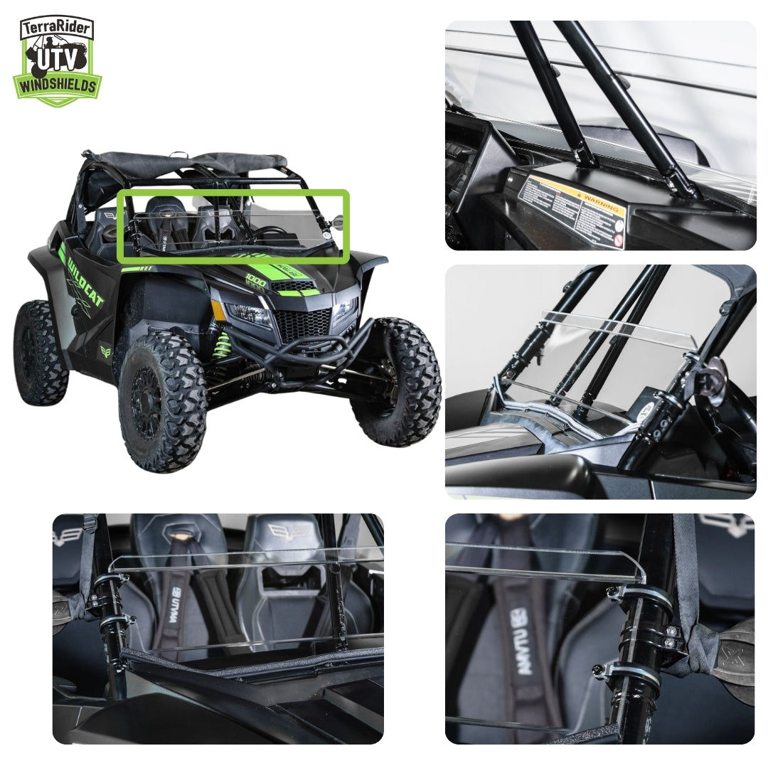 Close-up views of the Wildcat XX half windshield clamps and installed fit on the side-by-side roll cage
