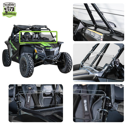 Close-up views of the Wildcat XX half windshield clamps and installed fit on the side-by-side roll cage