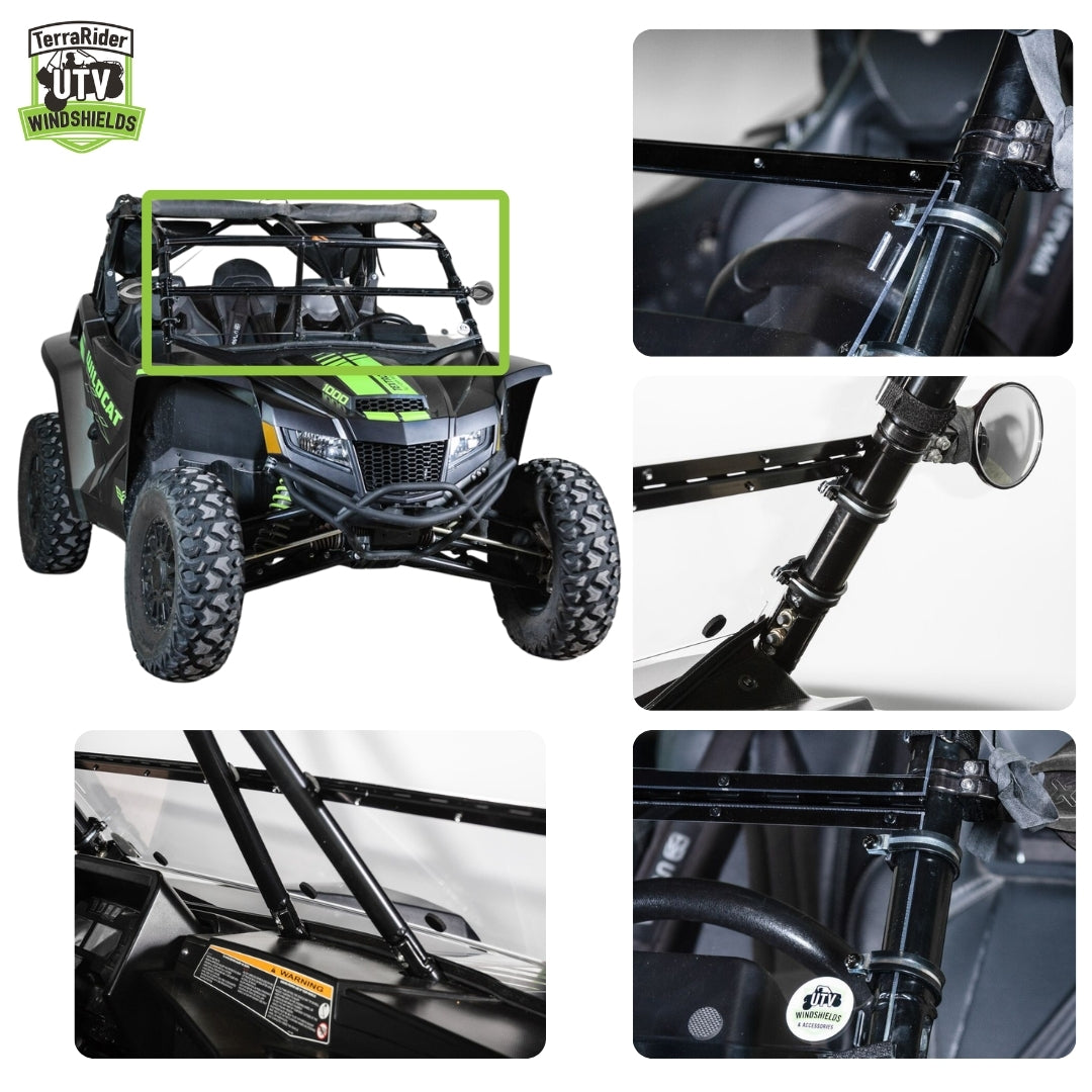 Close-up views of the Wildcat XX tilting windshield hinge and clamps on the side-by-side roll cage