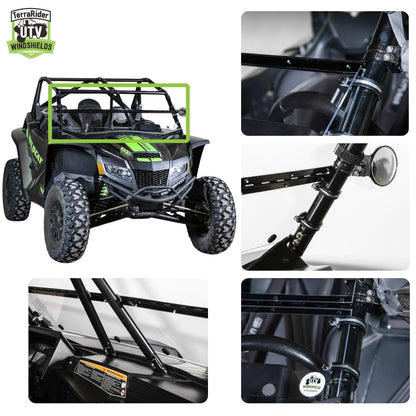 Close-up views of the Wildcat XX with no top and tilting windshield hinge and clamps on the side-by-side roll cage. gallery-2