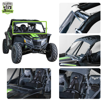 Close-up views of the Wildcat XX full windshield clamps and installed fit on the side-by-side roll cage