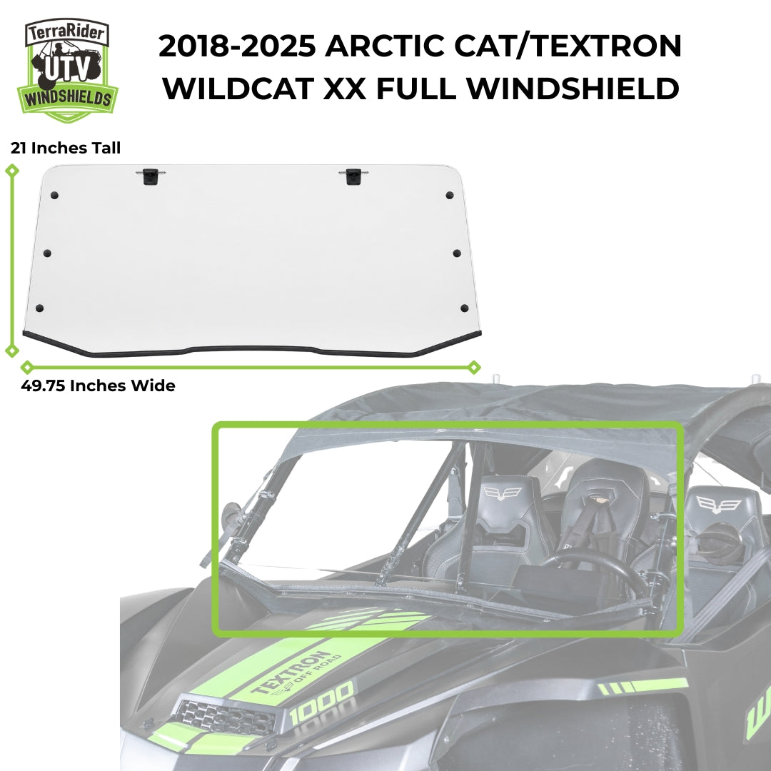 2018-2025 Arctic Cat Wildcat XX full windshield dimensions, 21 inches tall by 49.75 inches wide