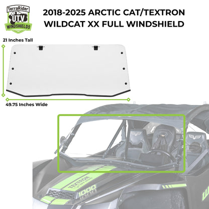 2018-2025 Arctic Cat Wildcat XX full windshield dimensions, 21 inches tall by 49.75 inches wide