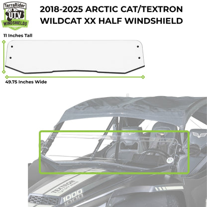 2018-2025 Arctic Cat Wildcat XX half windshield dimensions, 11 inches tall by 49.75 inches wide