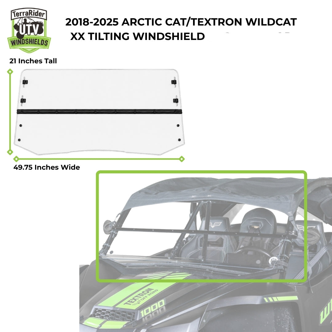 2018-2025 Arctic Cat Wildcat XX tilting windshield dimensions, 21 inches tall by 49.75 inches wide