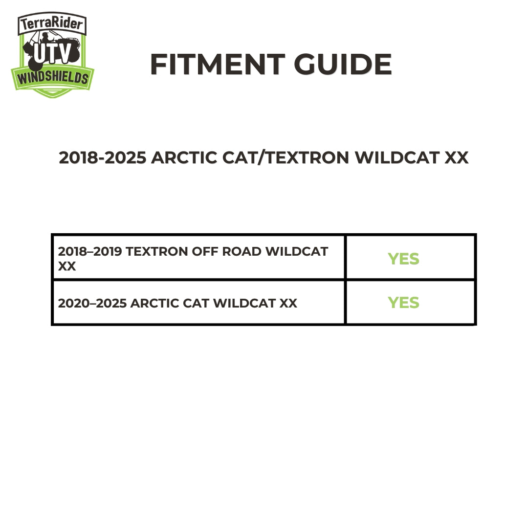Fitment guide for 2018-2019 Textron Off Road Wildcat XX and 2020-2025 Arctic Cat Wildcat XX