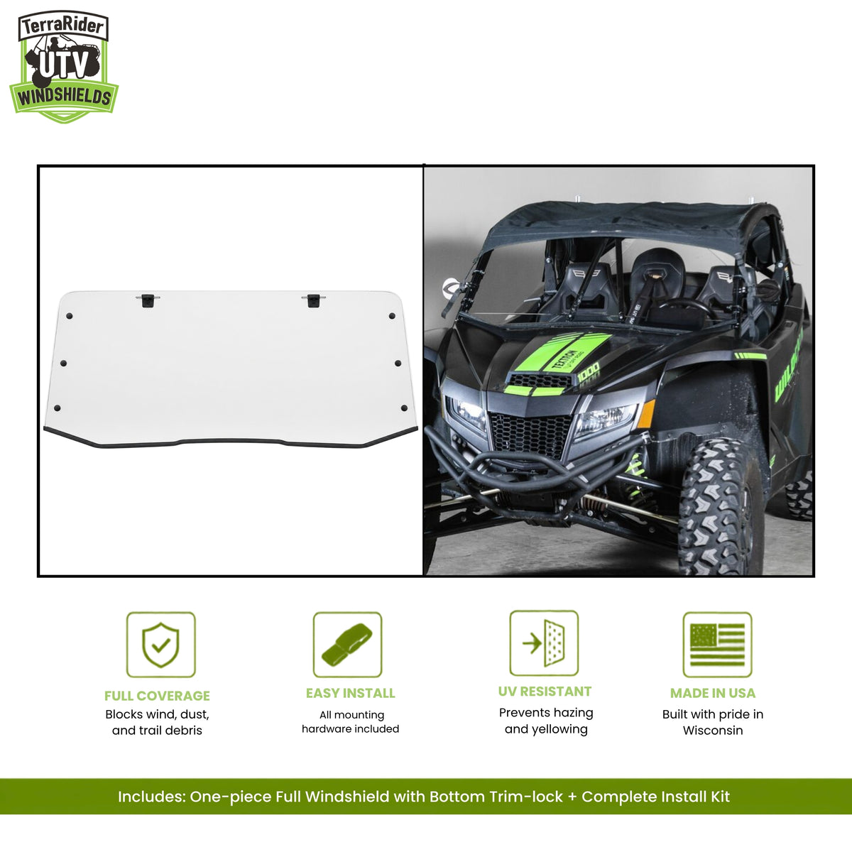 Arctic Cat Wildcat XX one-piece full windshield with bottom trim-lock, shown installed on a black Wildcat XX