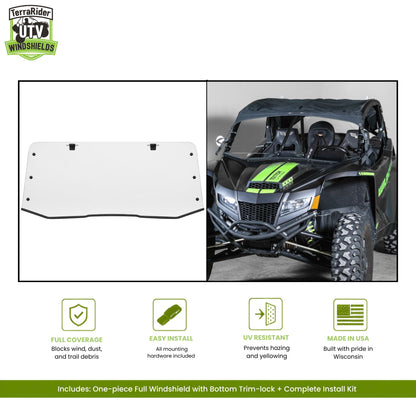 Arctic Cat Wildcat XX one-piece full windshield with bottom trim-lock, shown installed on a black Wildcat XX
