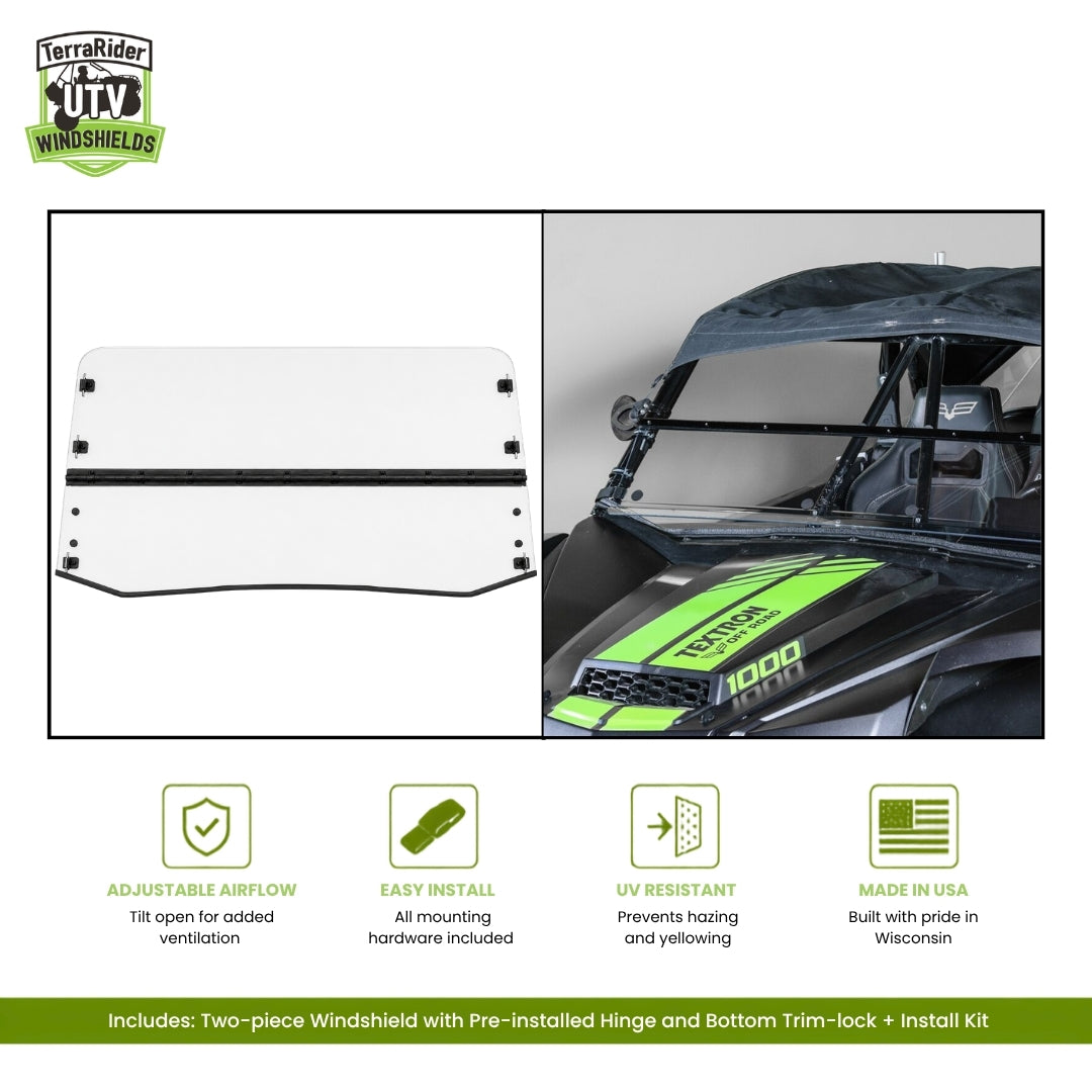 Arctic Cat Wildcat XX two-piece tilting windshield with pre-installed hinge, shown installed on a black Wildcat XX. gallery-1