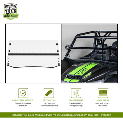 Arctic Cat Wildcat XX two-piece tilting windshield with pre-installed hinge, shown installed on a black Wildcat XX