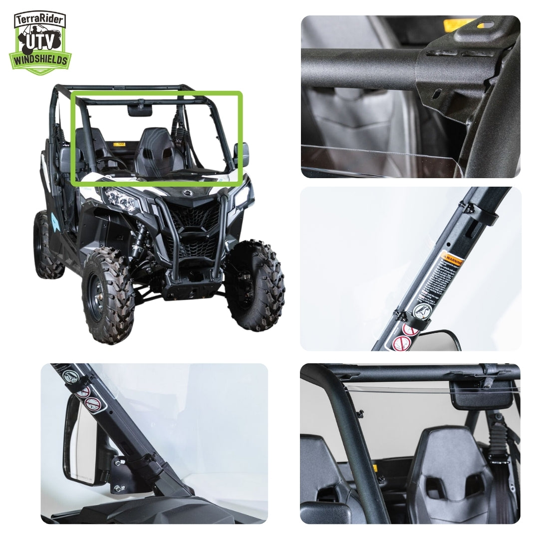 Close-up views of the Maverick Trail / Sport full windshield clamps and installed fit on the side-by-side roll cage