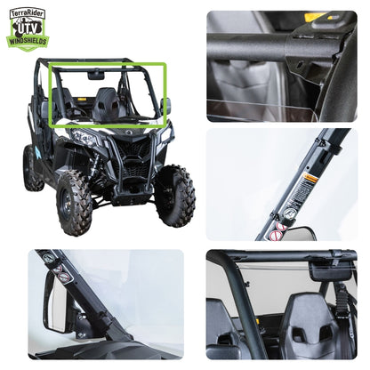 Close-up views of the Maverick Trail / Sport full windshield clamps and installed fit on the side-by-side roll cage