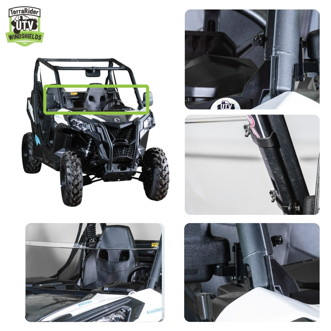 Close-up views of the Maverick Trail / Sport half windshield clamps and installed fit on the side-by-side roll cage
