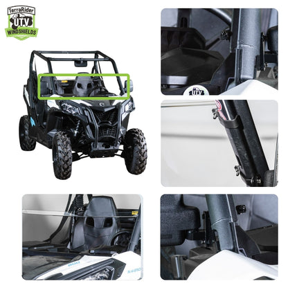 Close-up views of the Maverick Trail / Sport half windshield clamps and installed fit on the side-by-side roll cage