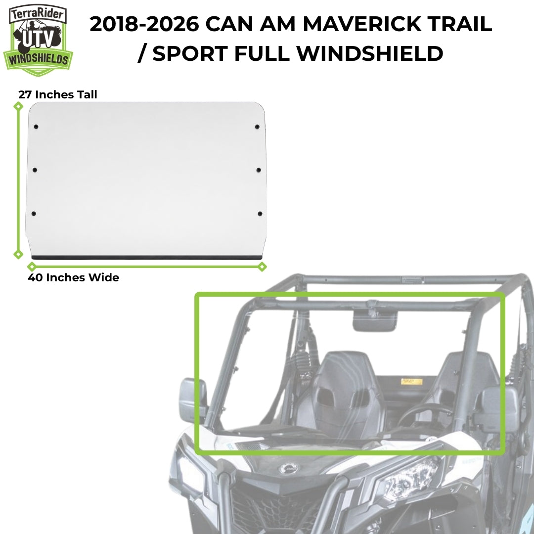 2018-2026 Can-Am Maverick Trail / Sport full windshield dimensions, 27 inches tall by 40 inches wide