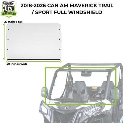 2018-2026 Can-Am Maverick Trail / Sport full windshield dimensions, 27 inches tall by 40 inches wide