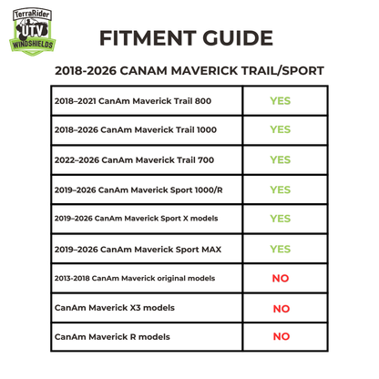 Fitment guide for the 2018-2021 Can-Am Maverick Trail 800, 2018-2026 Trail 1000, 2022-2026 Trail 700, and 2019-2026 Sport 1000/R, Sport X, and Sport MAX