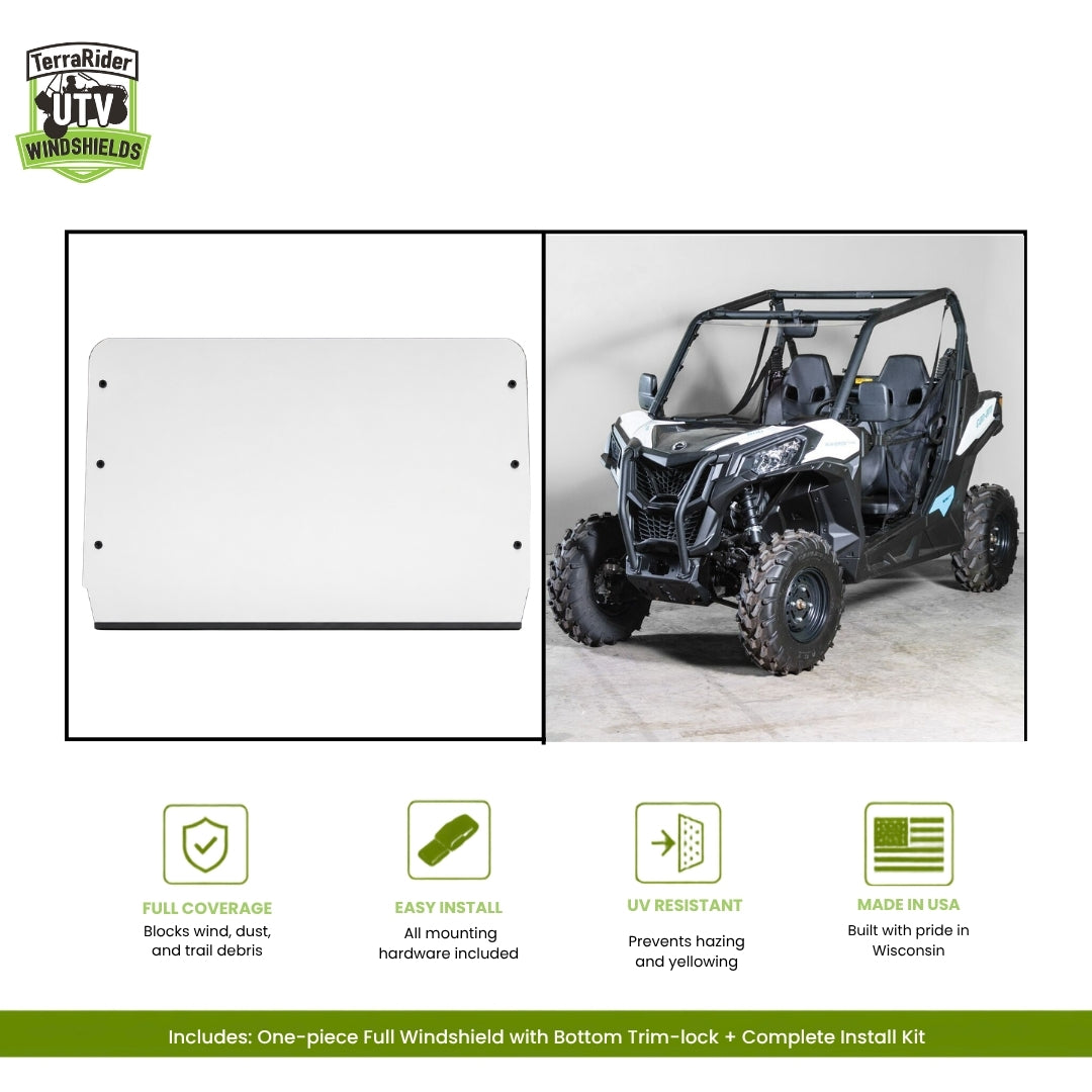 Can-Am Maverick Trail / Sport one-piece full windshield with bottom trim-lock, shown installed on a white  and black Maverick