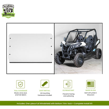 Can-Am Maverick Trail / Sport one-piece full windshield with bottom trim-lock, shown installed on a white  and black Maverick