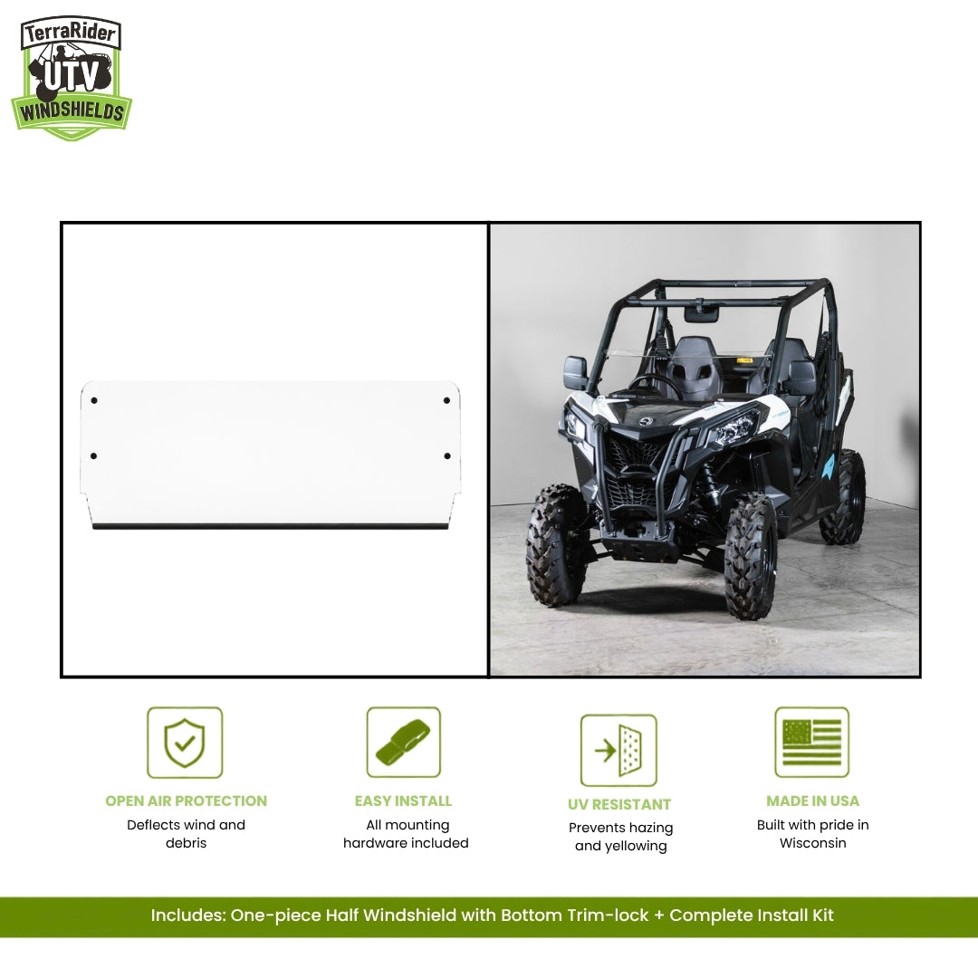 Can-Am Maverick Trail / Sport one-piece half windshield with bottom trim-lock, shown installed on a white Maverick