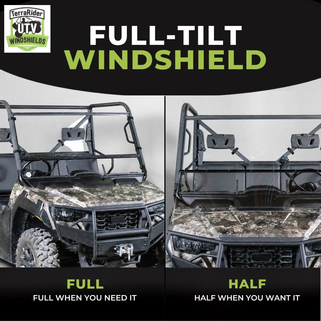 Full-tilt windshield shown in full upright position and half tilted position on a camo Arctic Cat Prowler Pro