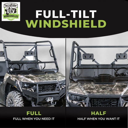 Full-tilt windshield shown in full upright position and half tilted position on a camo Arctic Cat Prowler Pro