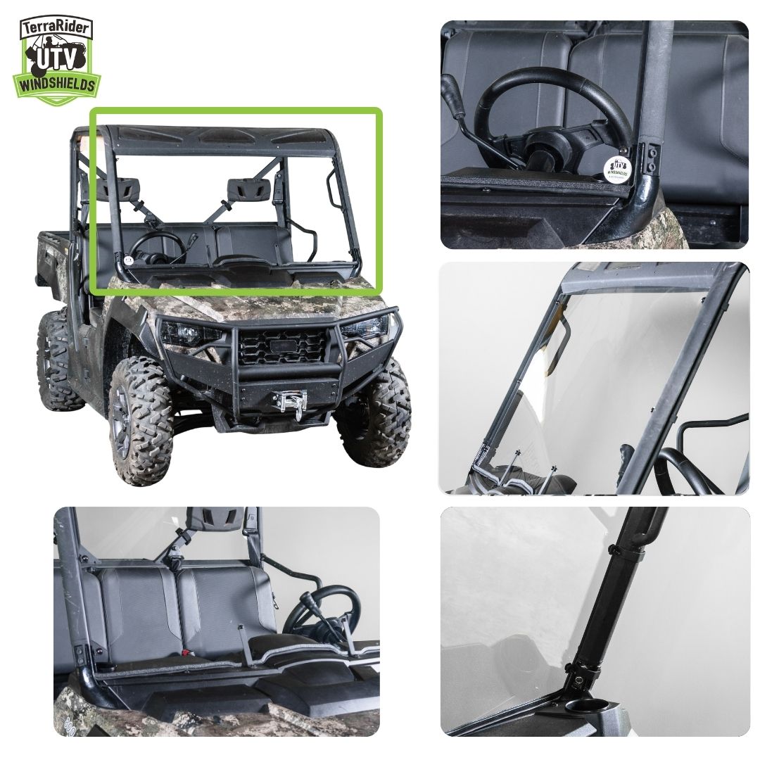 Close-up views of the Prowler Pro full windshield clamps and installed fit on the side-by-side roll cage