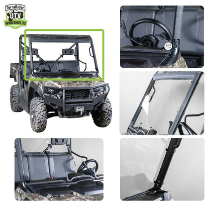 Close-up views of the Prowler Pro full windshield clamps and installed fit on the side-by-side roll cage