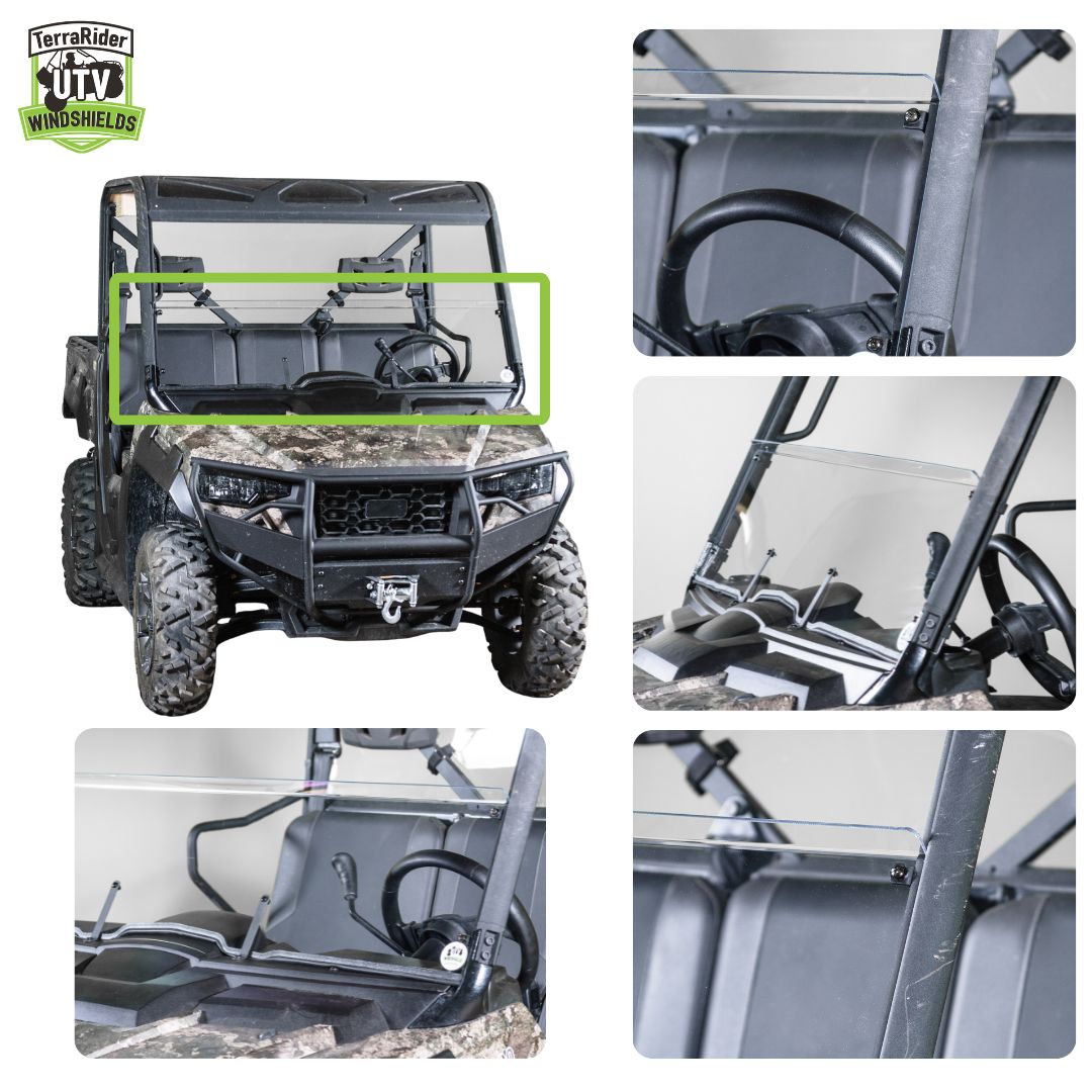 Close-up views of the Prowler Pro half windshield clamps and installed fit on the side-by-side roll cage