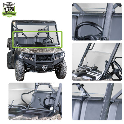 Close-up views of the Prowler Pro half windshield clamps and installed fit on the side-by-side roll cage