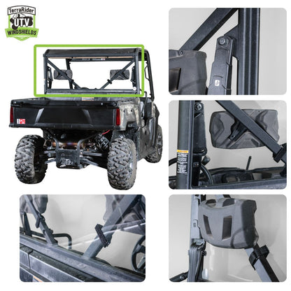 Close-up views of the Prowler Pro rear windshield mounted behind the side-by-side cab and cargo bed