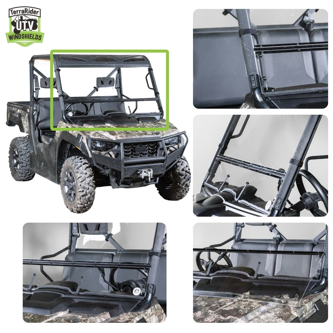 Close-up views of the Prowler Pro tilting windshield hinge and clamps on the side-by-side roll cage. gallery-1