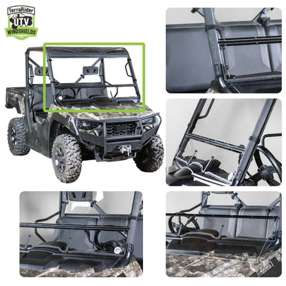 Close-up views of the Prowler Pro tilting windshield hinge and clamps on the side-by-side roll cage. gallery-1