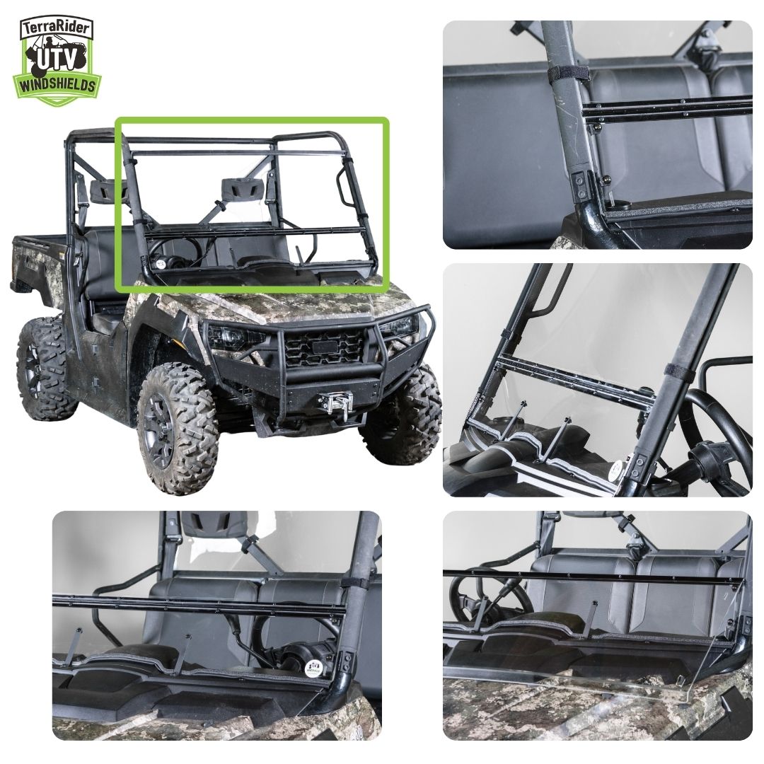 Close-up views of the Prowler Pro tilting windshield hinge and clamps on the side-by-side roll cage. gallery-2