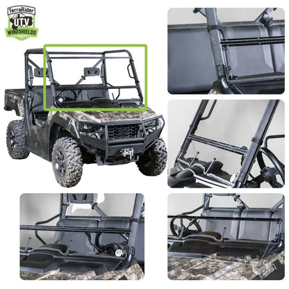 Close-up views of the Prowler Pro tilting windshield hinge and clamps on the side-by-side roll cage. gallery-2
