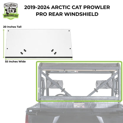 2019-2024 Arctic Cat Prowler Pro rear windshield dimensions, 20 inches tall by 55 inches wide