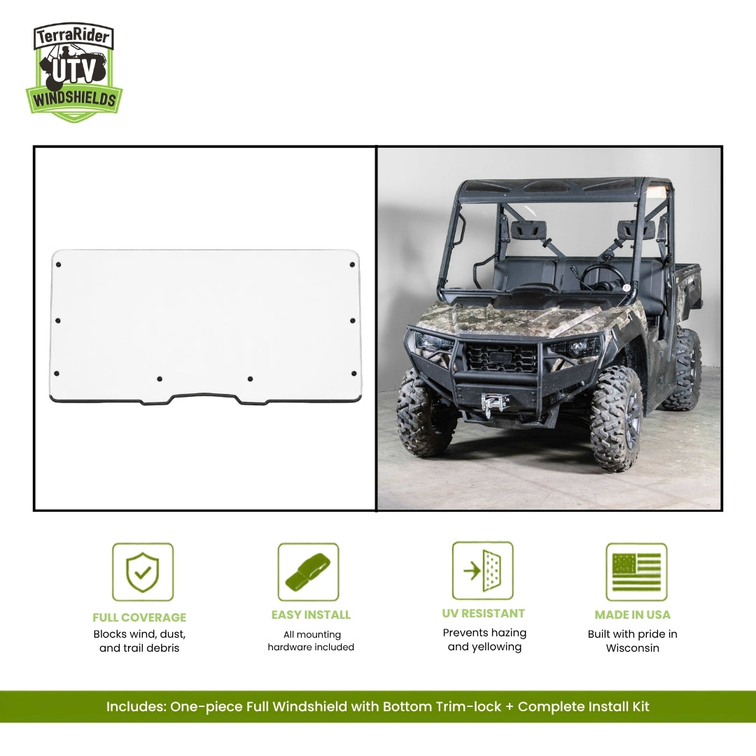 Arctic Cat Prowler Pro one-piece full windshield with bottom trim-lock, shown installed on a camo Prowler Pro