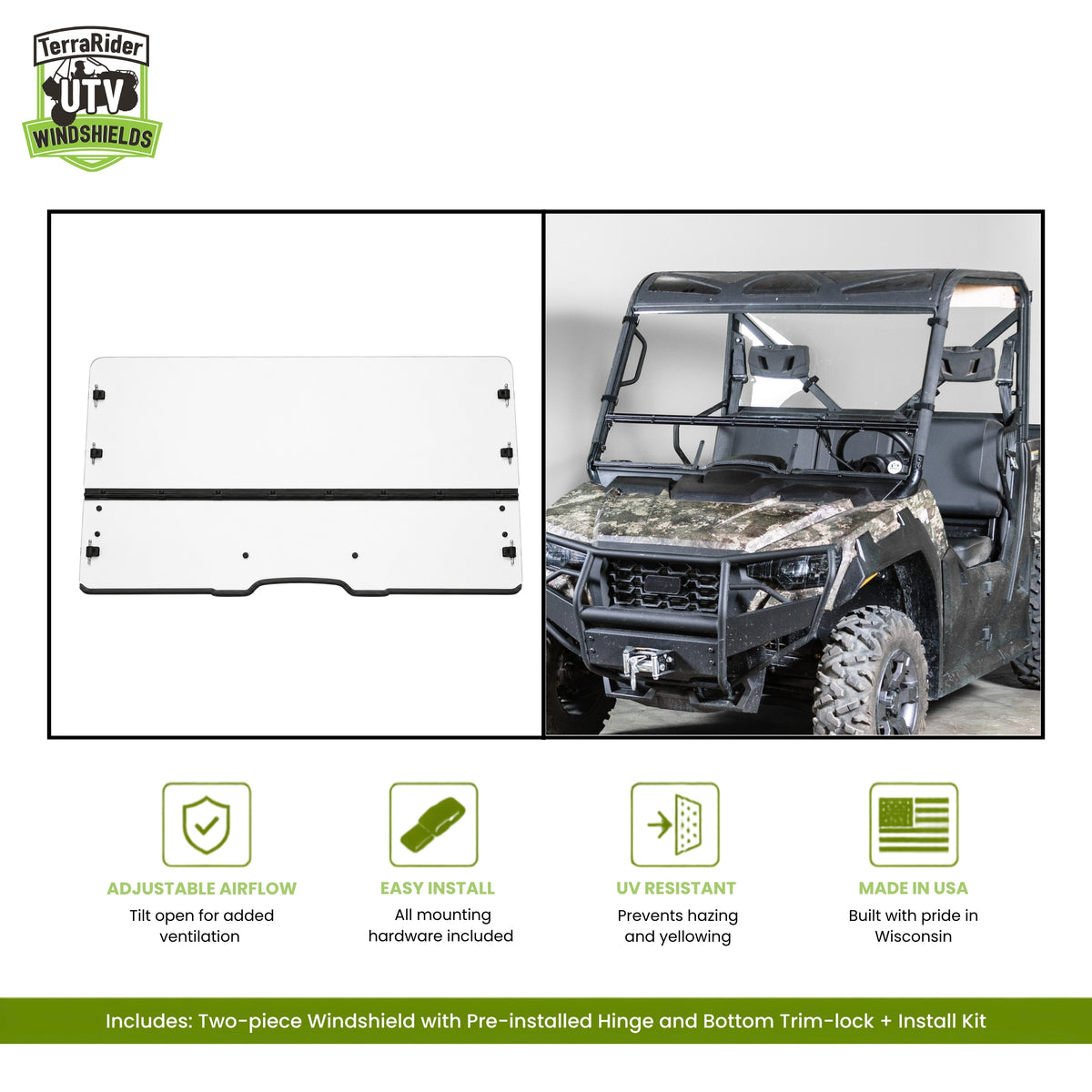 Arctic Cat Prowler Pro two-piece tilting windshield with pre-installed hinge, shown installed on a Prowler Pro. gallery-1