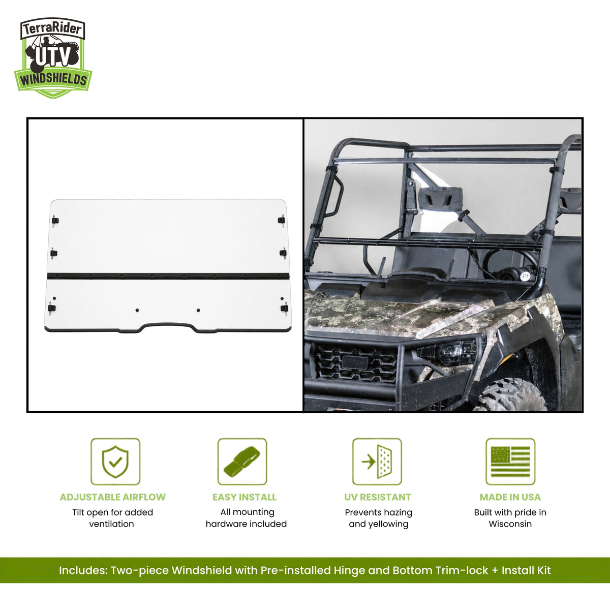 Arctic Cat Prowler Pro two-piece tilting windshield with pre-installed hinge, shown installed on a Prowler Pro. gallery-2