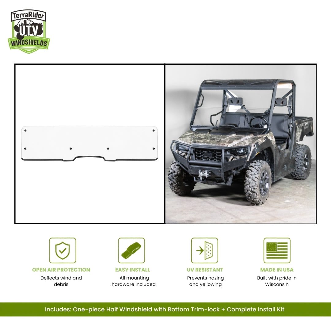 Arctic Cat Prowler Pro one-piece half windshield with bottom trim-lock, shown installed on a camo Prowler Pro