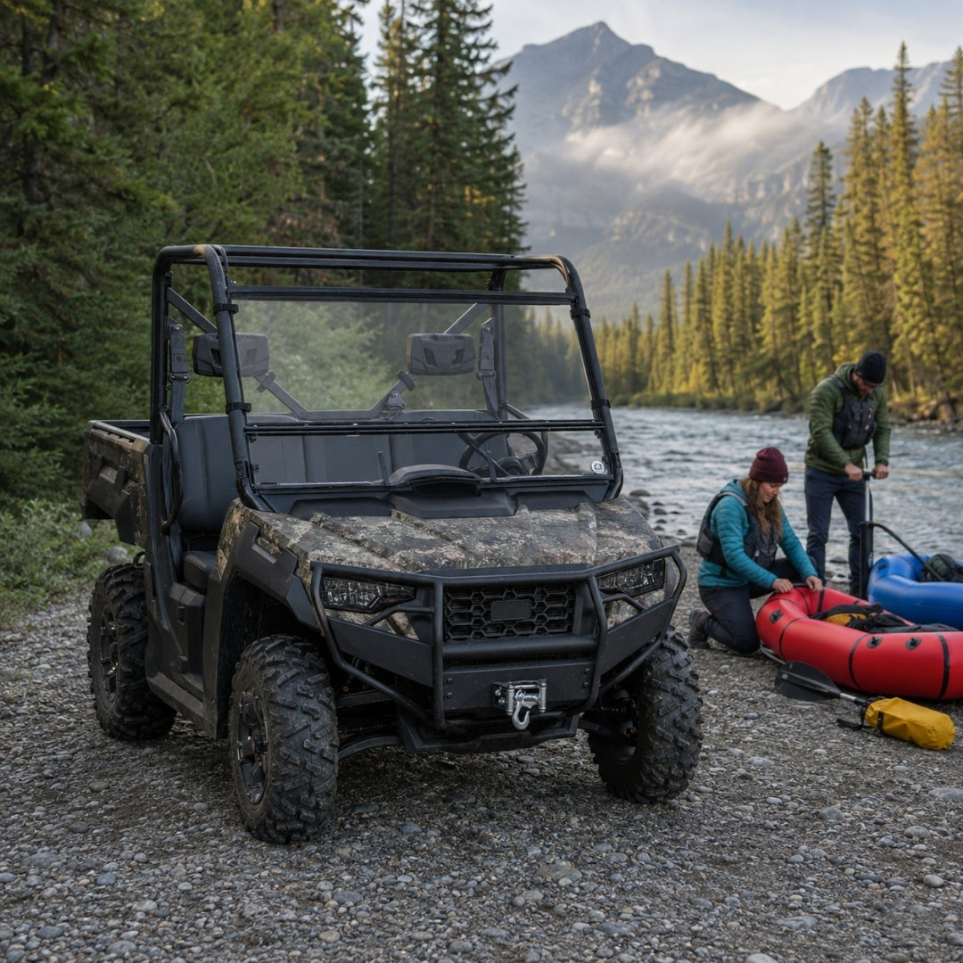 Camo Arctic Cat Prowler Pro with tilting windshield beside a river with kayakers. gallery-2