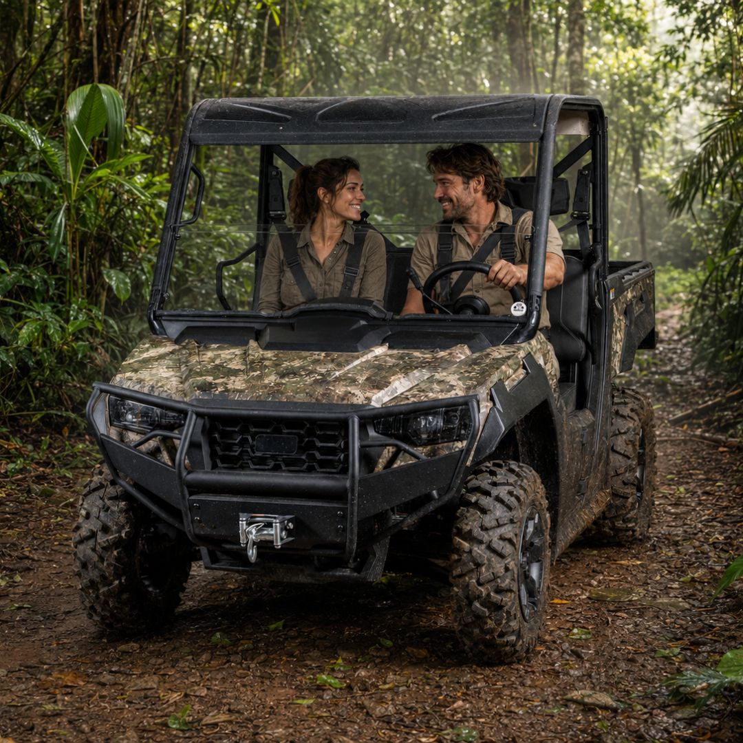 Two riders in a camo Arctic Cat Prowler Pro with half windshield on a wooded trail