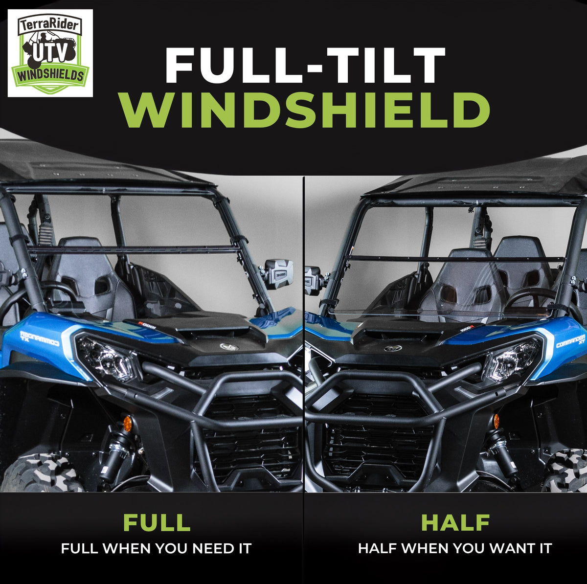 Full-tilt windshield shown in full upright position and half tilted position on a blue Can-Am Commander