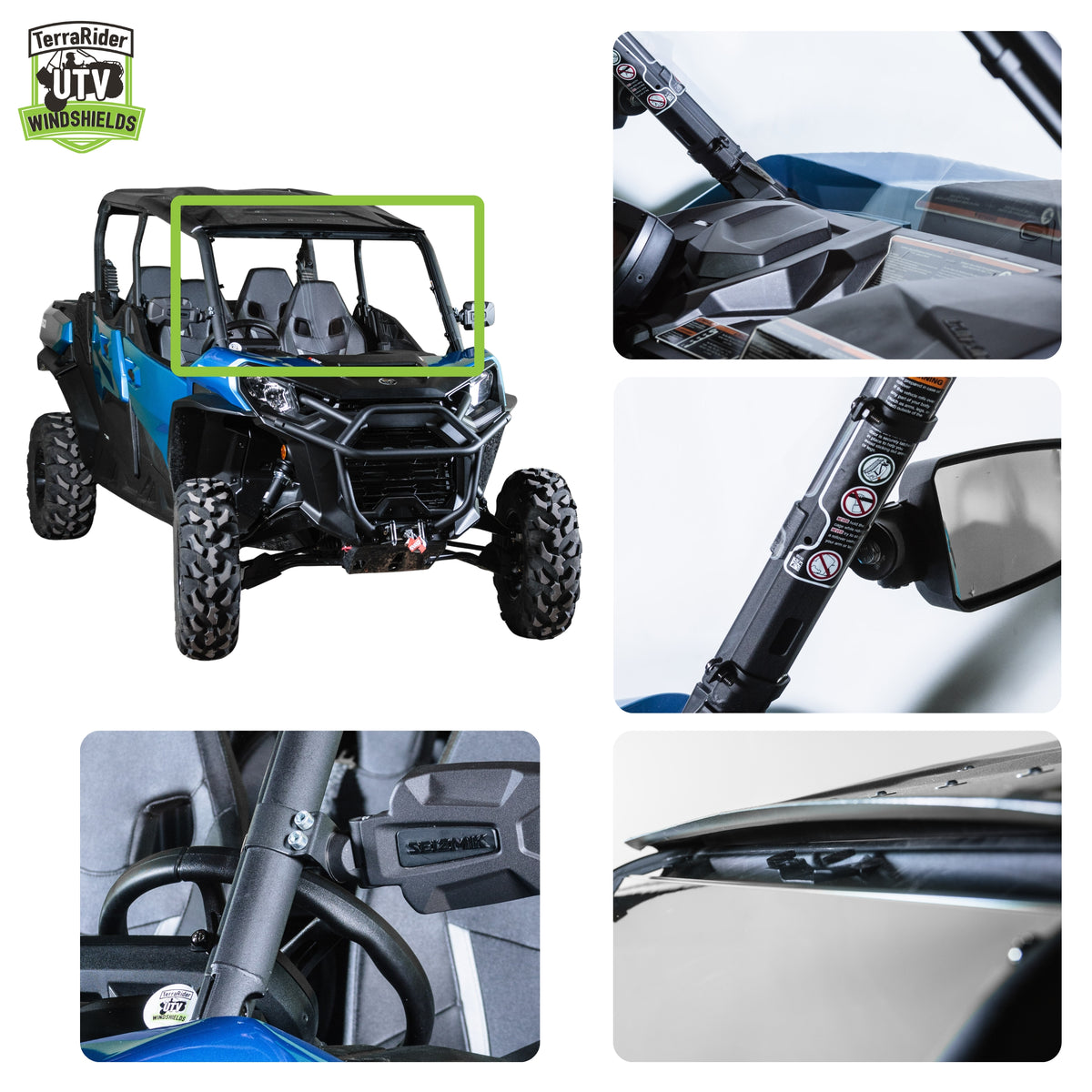 Close-up views of the Commander full windshield clamps and installed fit on the side-by-side roll cage